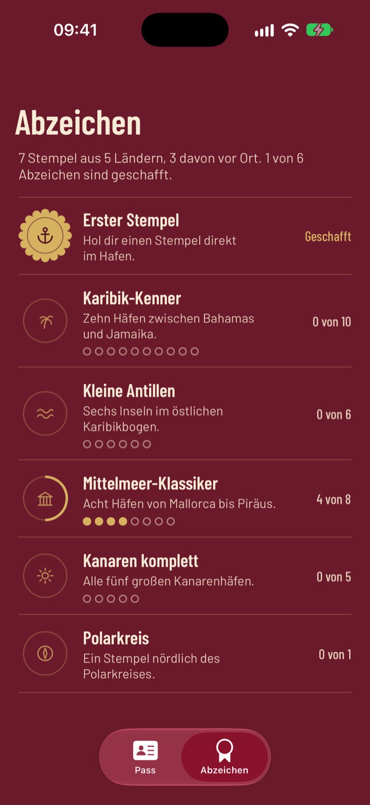 Abzeichen-Übersicht mit Wachssiegel und Fortschritt