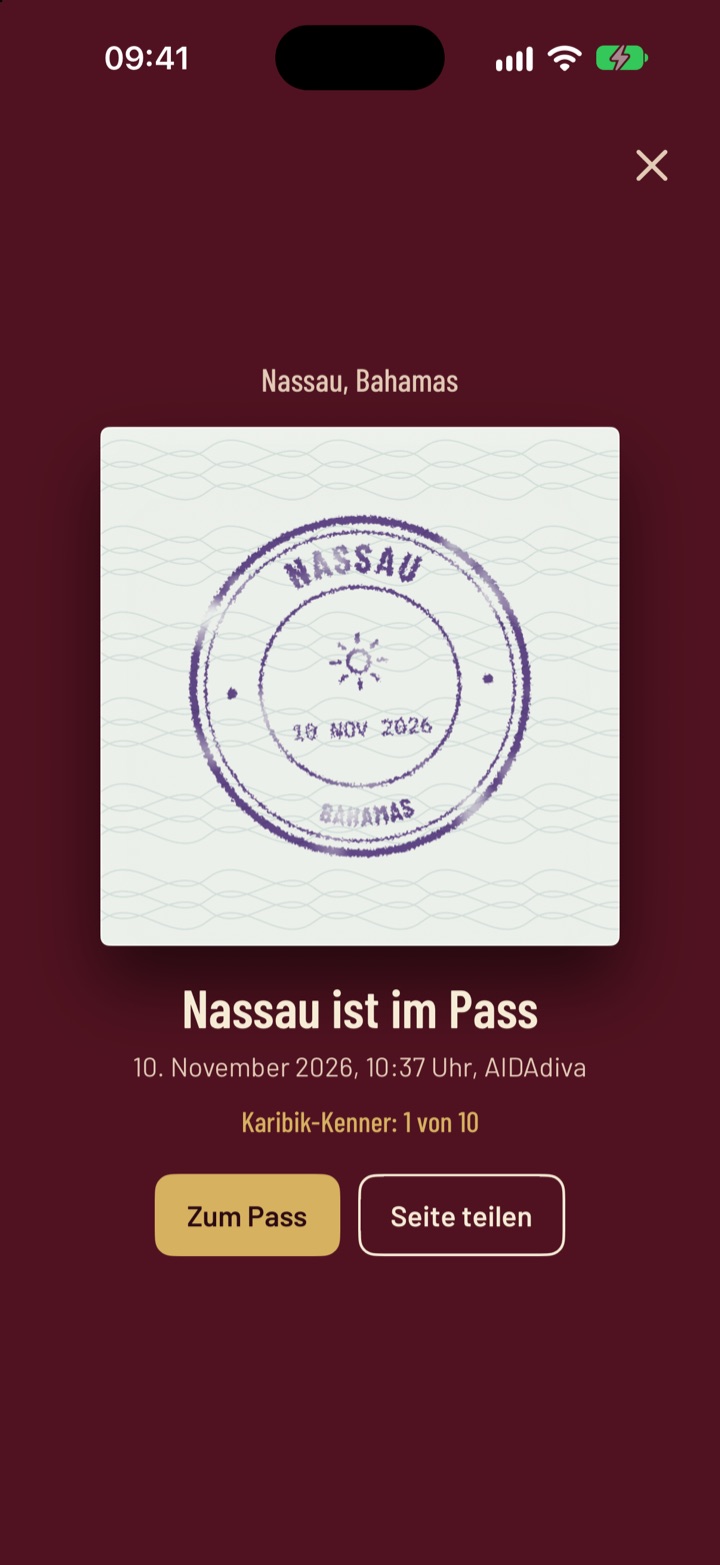 Nassau ist im Pass, mit Datum, Uhrzeit und Schiff